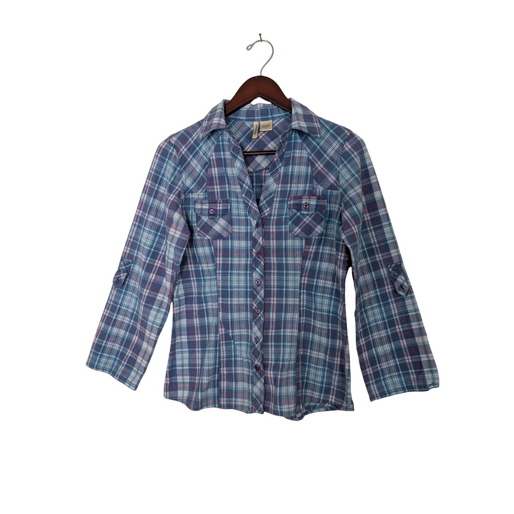 Passport Womens Shirt L Blue Pink Plaid Cotton Western Button Down  Roll Tab